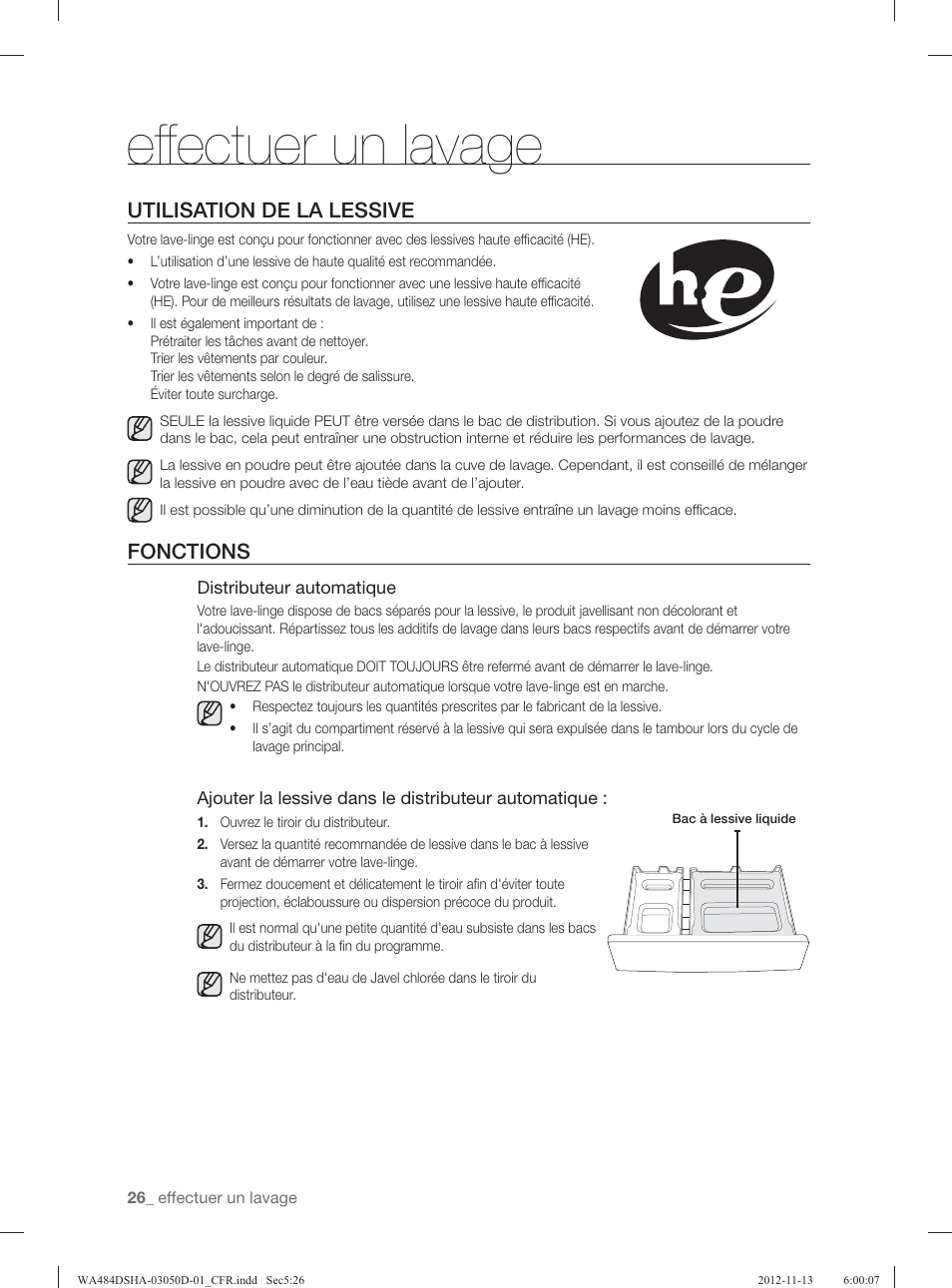 Eff ectuer un lavage, Utilisation de la lessive, Fonctions | Samsung WA484DSHASU-A1 User Manual | Page 114 / 132