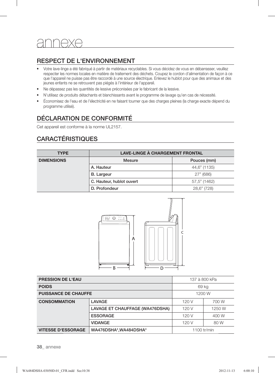 Annexe, Respect de l'environnement, Déclaration de conformité | Caractéristiques | Samsung WA484DSHASU-A1 User Manual | Page 126 / 132