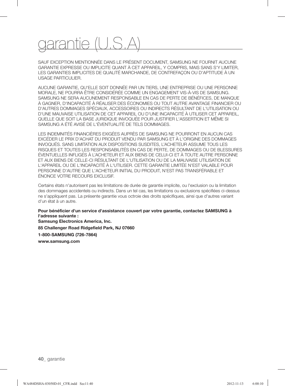 Garantie (u.s.a) | Samsung WA484DSHASU-A1 User Manual | Page 128 / 132