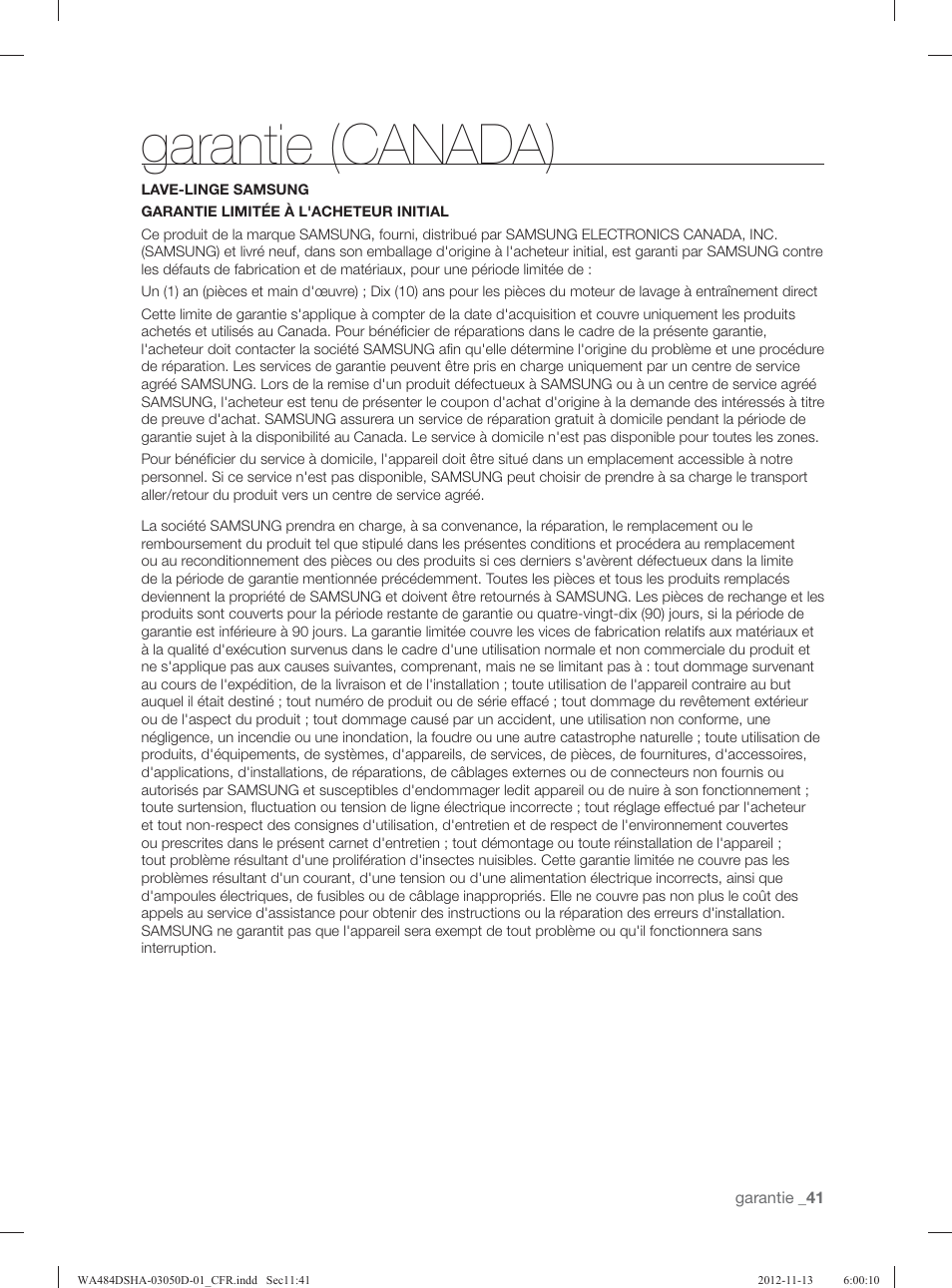 Garantie (canada) | Samsung WA484DSHASU-A1 User Manual | Page 129 / 132