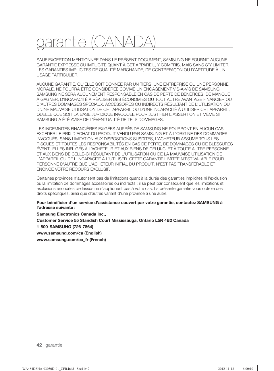 Garantie (canada) | Samsung WA484DSHASU-A1 User Manual | Page 130 / 132