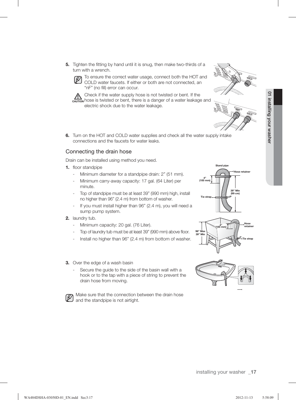 Connecting the drain hose, Installing your washer | Samsung WA484DSHASU-A1 User Manual | Page 17 / 132