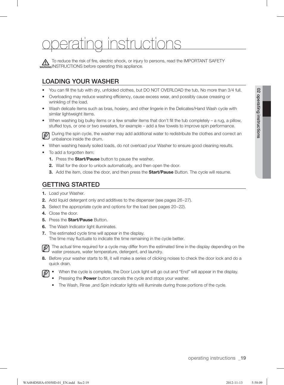 Operating instructions, Loading your washer, Getting started | Samsung WA484DSHASU-A1 User Manual | Page 19 / 132