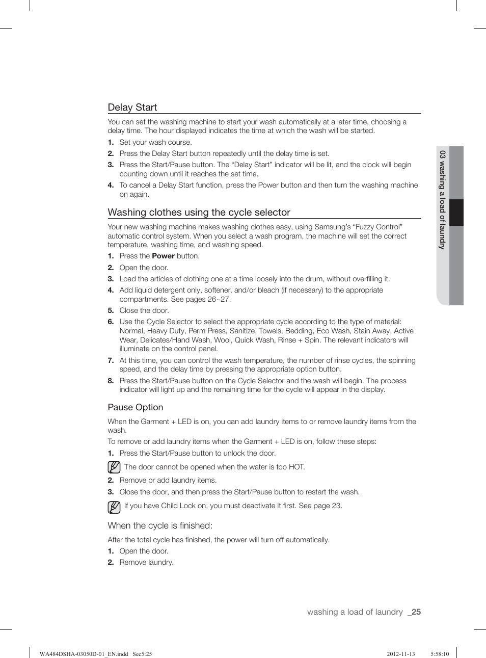 Delay start, Washing clothes using the cycle selector | Samsung WA484DSHASU-A1 User Manual | Page 25 / 132