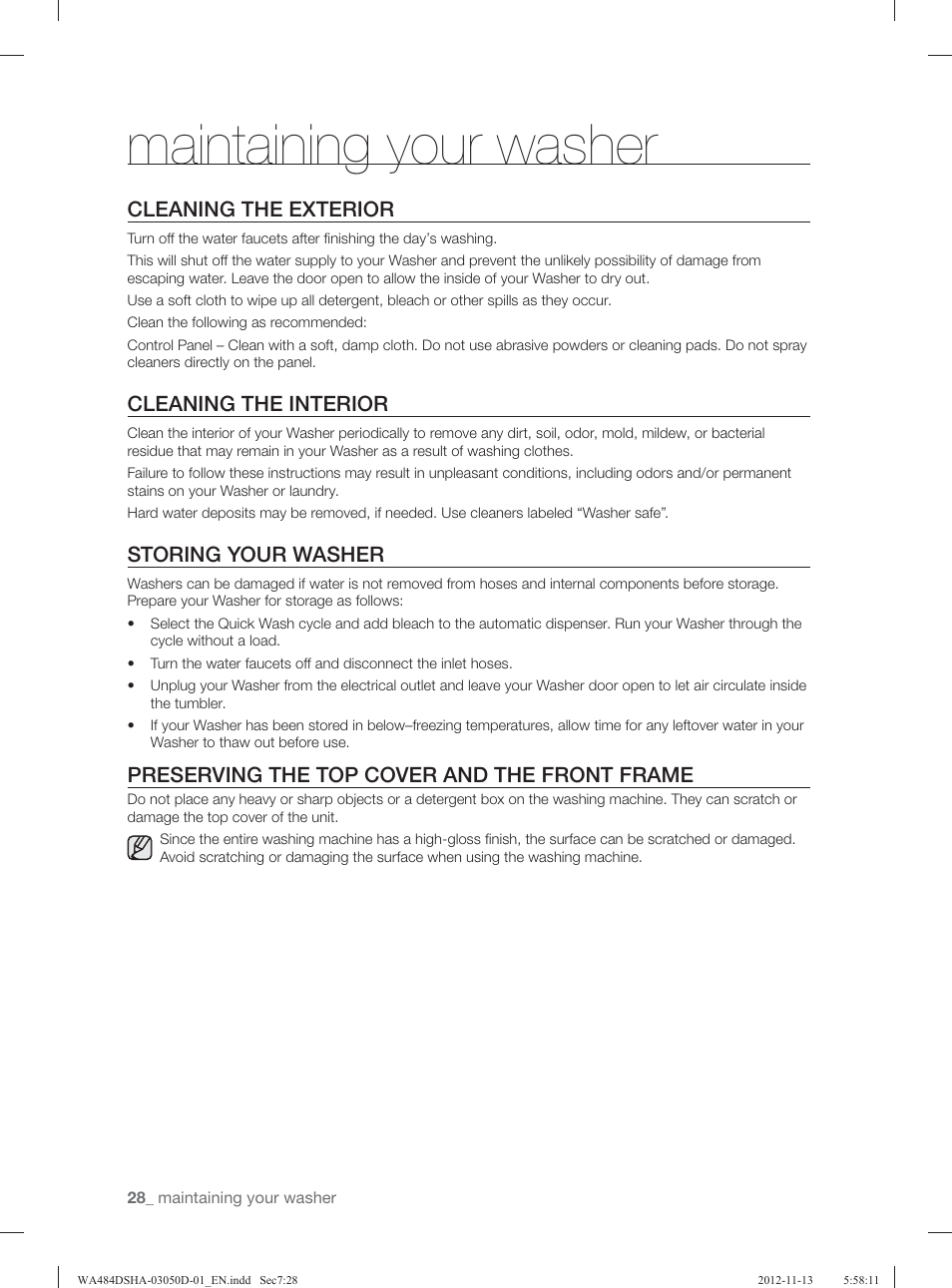 Maintaining your washer, Cleaning the exterior, Cleaning the interior | Storing your washer, Preserving the top cover and the front frame | Samsung WA484DSHASU-A1 User Manual | Page 28 / 132