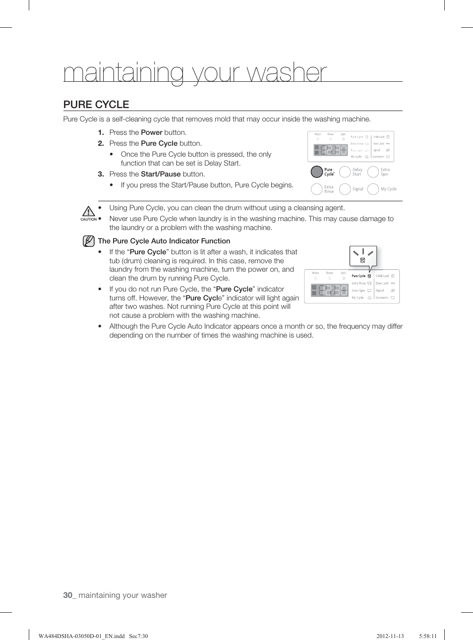 Maintaining your washer, Pure cycle | Samsung WA484DSHASU-A1 User Manual | Page 30 / 132