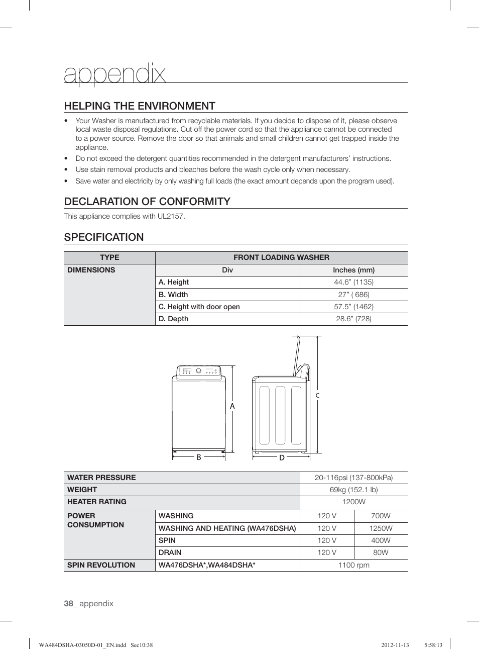 Appendix, Helping the environment, Declaration of conformity | Specification | Samsung WA484DSHASU-A1 User Manual | Page 38 / 132