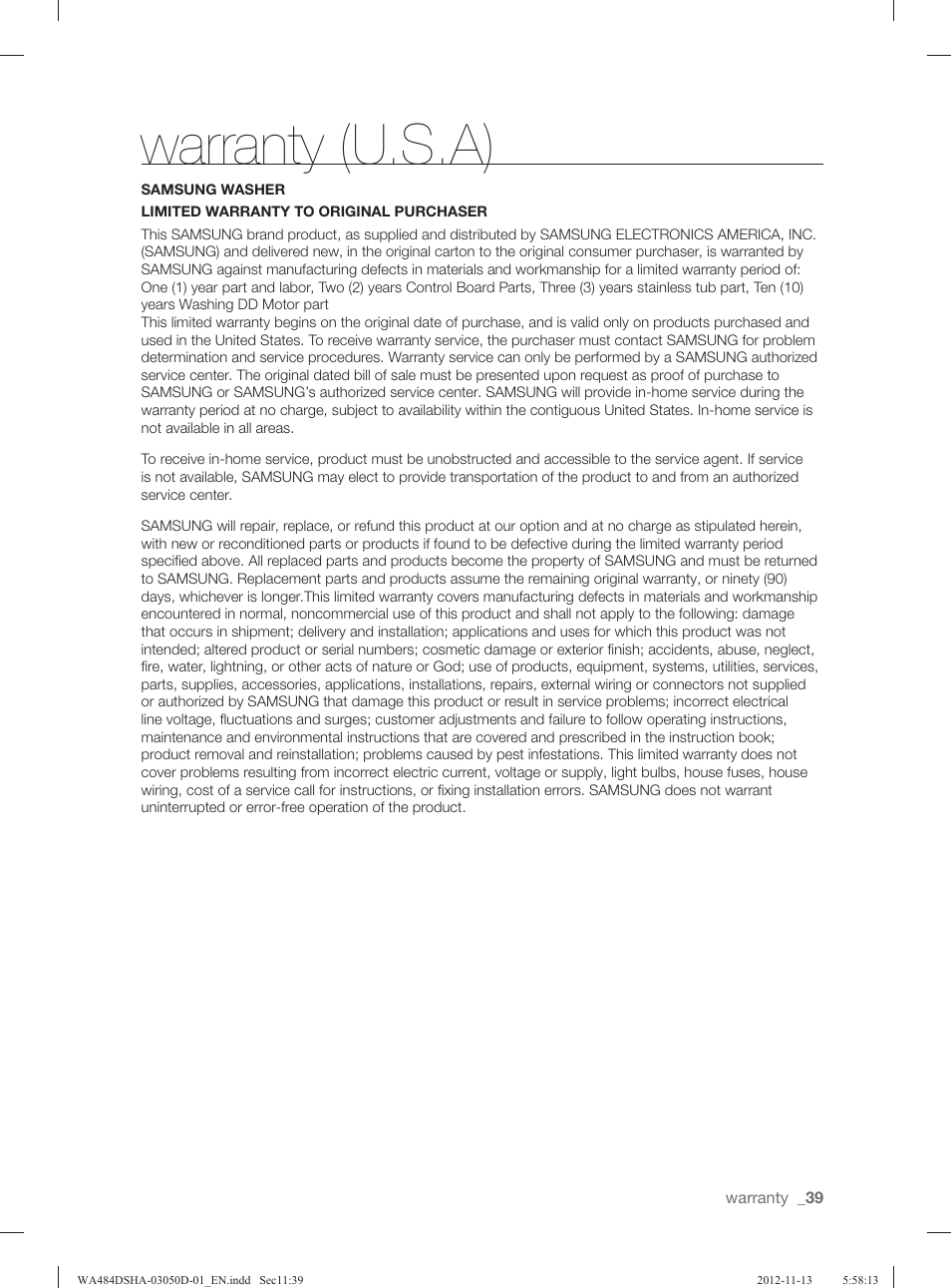 Warranty (u.s.a) | Samsung WA484DSHASU-A1 User Manual | Page 39 / 132