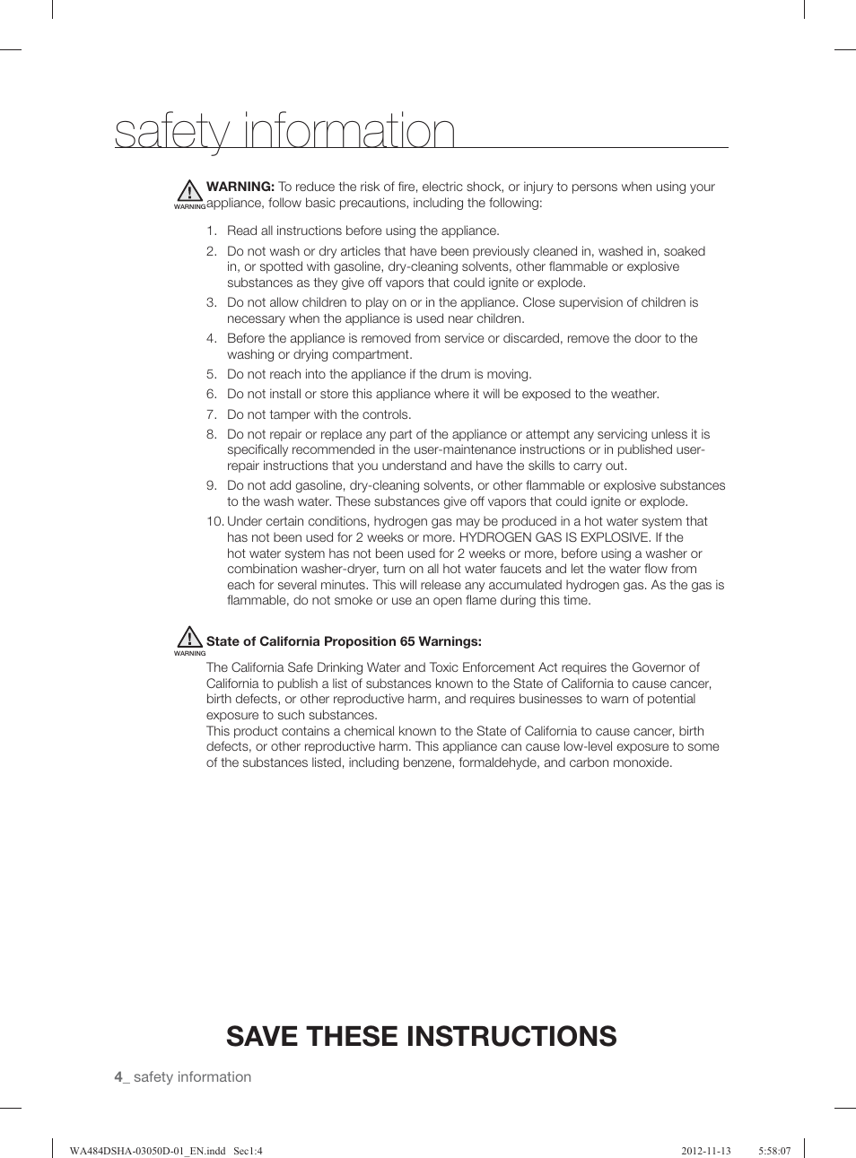 Safety information, Save these instructions | Samsung WA484DSHASU-A1 User Manual | Page 4 / 132