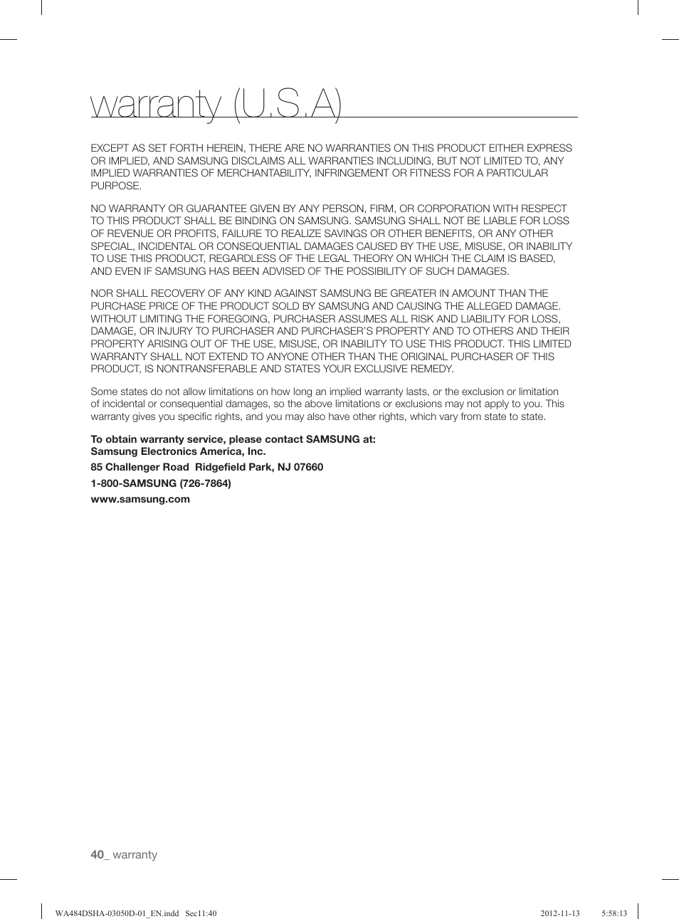 Warranty (u.s.a) | Samsung WA484DSHASU-A1 User Manual | Page 40 / 132