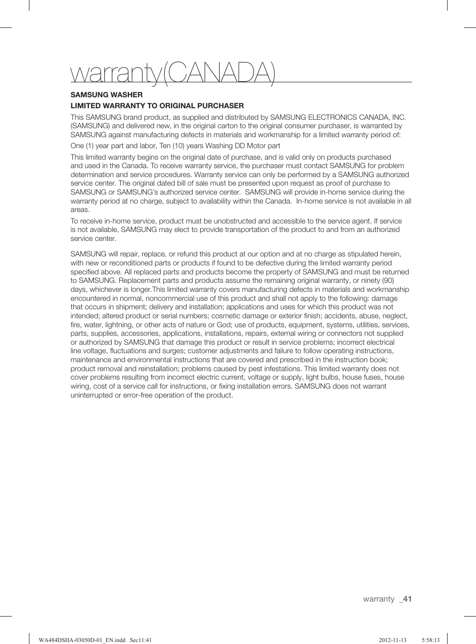 Warranty(canada) | Samsung WA484DSHASU-A1 User Manual | Page 41 / 132
