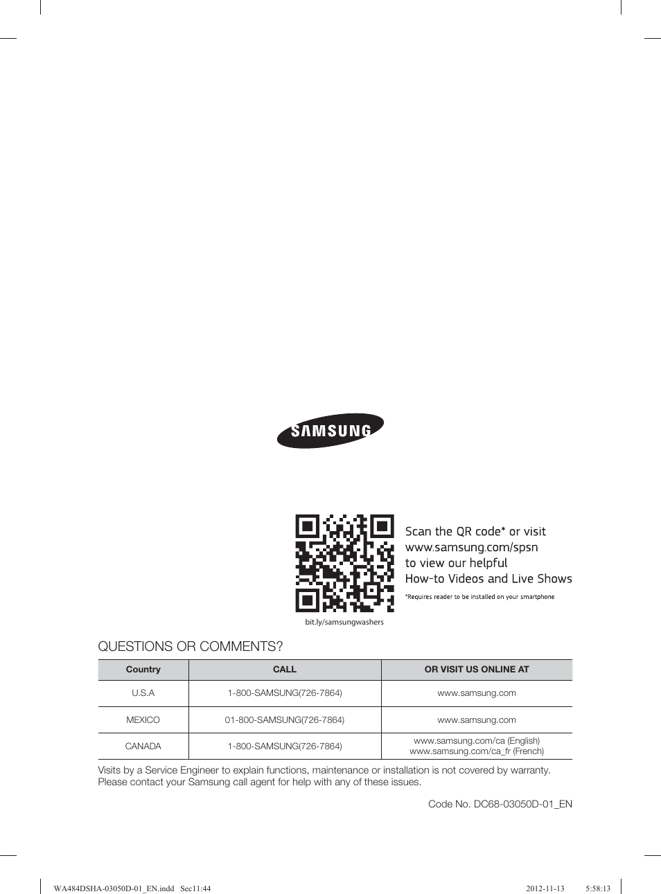 Questions or comments | Samsung WA484DSHASU-A1 User Manual | Page 44 / 132