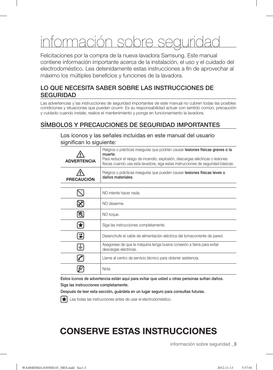 Información sobre seguridad, Conserve estas instrucciones, Símbolos y precauciones de seguridad importantes | Samsung WA484DSHASU-A1 User Manual | Page 47 / 132