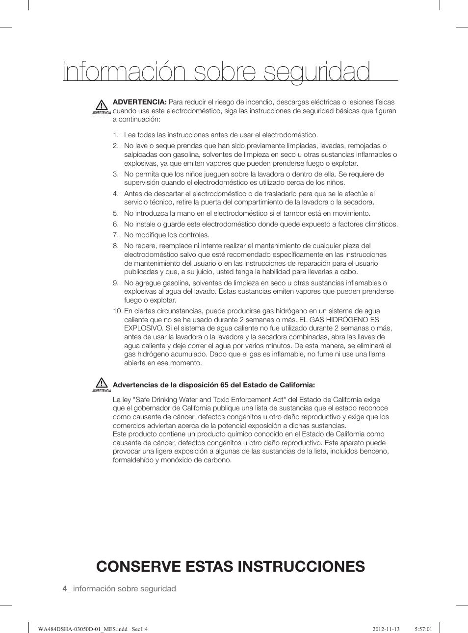 Información sobre seguridad, Conserve estas instrucciones | Samsung WA484DSHASU-A1 User Manual | Page 48 / 132