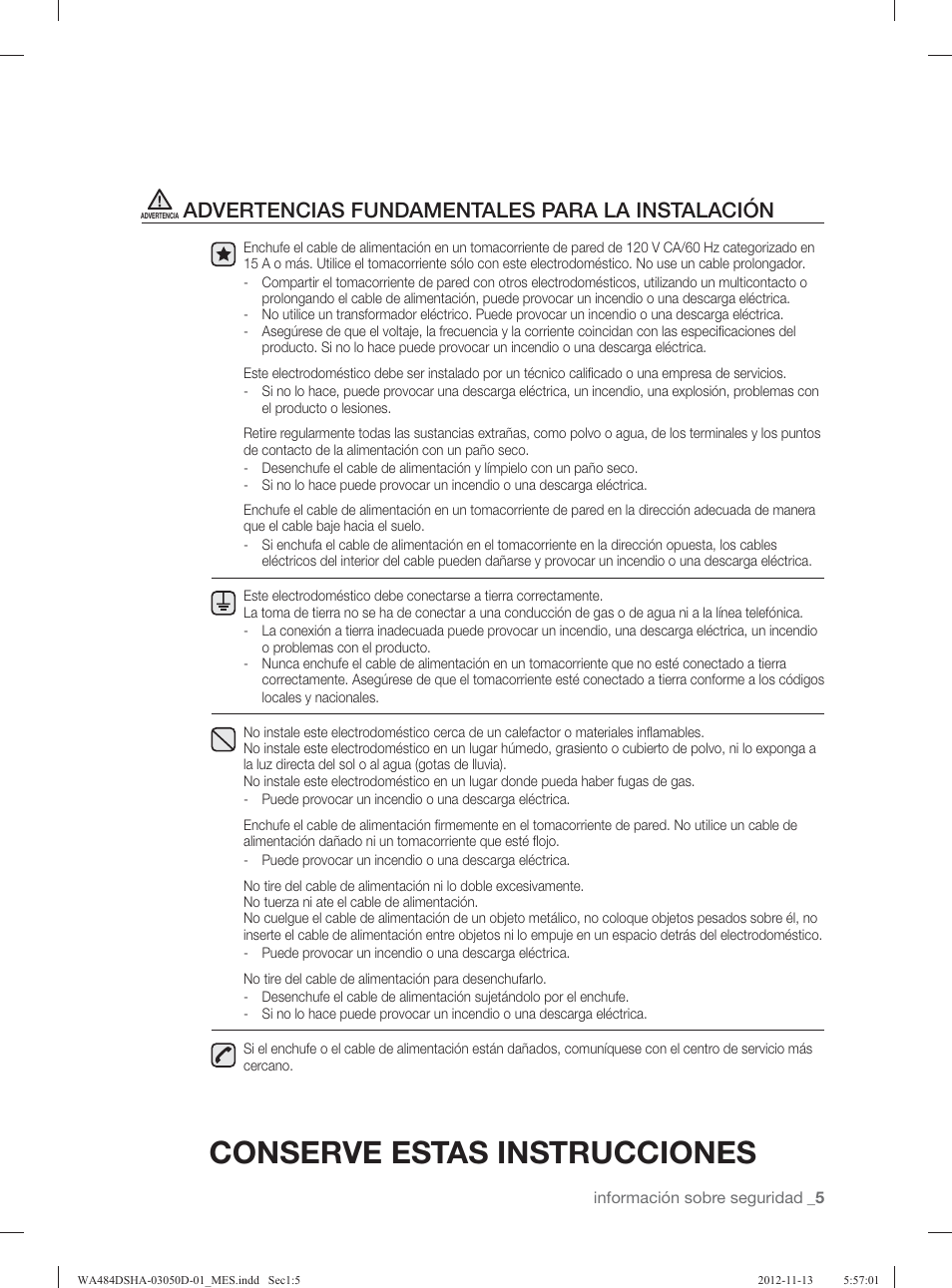 Conserve estas instrucciones, Advertencias fundamentales para la instalación | Samsung WA484DSHASU-A1 User Manual | Page 49 / 132