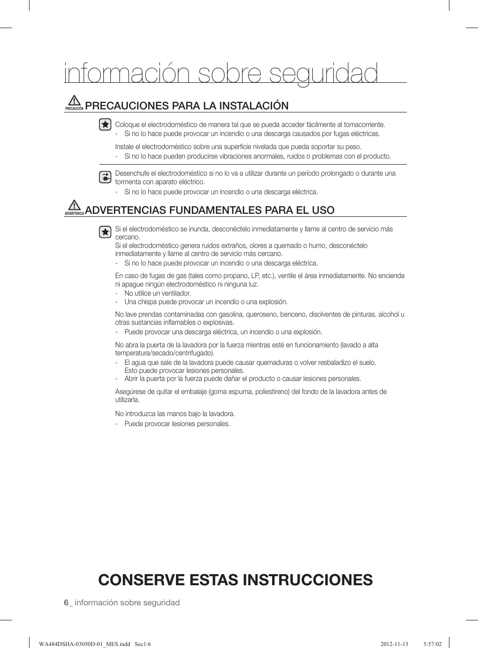Información sobre seguridad, Conserve estas instrucciones, Precauciones para la instalación | Advertencias fundamentales para el uso | Samsung WA484DSHASU-A1 User Manual | Page 50 / 132