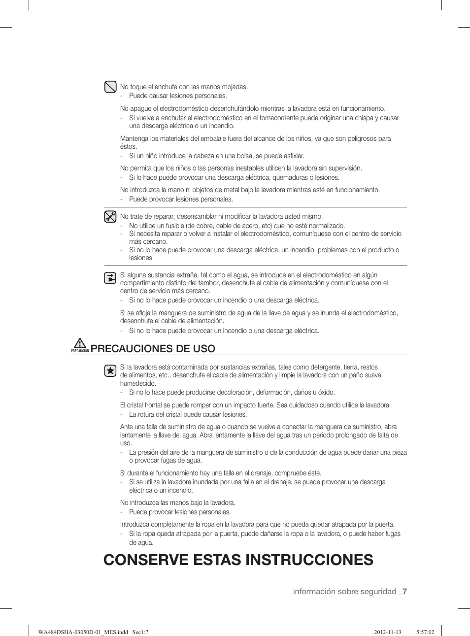 Conserve estas instrucciones, Precauciones de uso | Samsung WA484DSHASU-A1 User Manual | Page 51 / 132