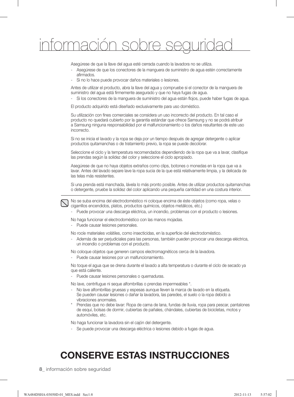 Información sobre seguridad, Conserve estas instrucciones | Samsung WA484DSHASU-A1 User Manual | Page 52 / 132