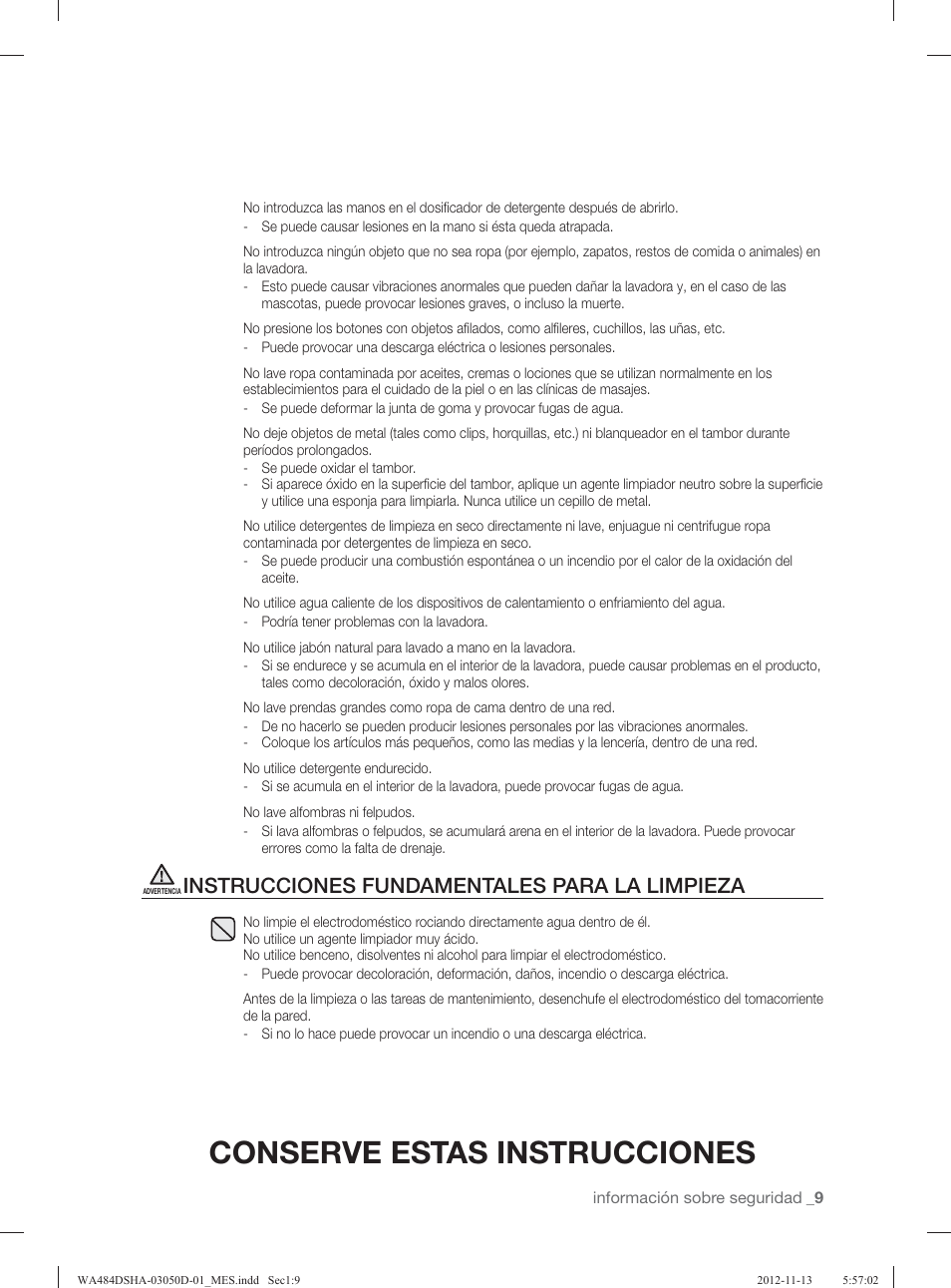 Conserve estas instrucciones, Instrucciones fundamentales para la limpieza | Samsung WA484DSHASU-A1 User Manual | Page 53 / 132