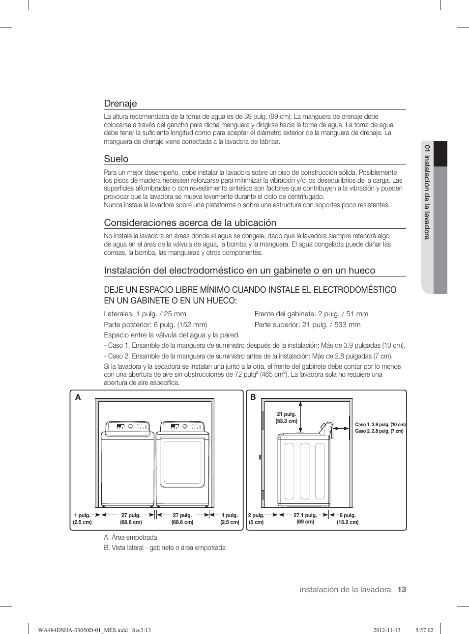 Drenaje, Suelo, Consideraciones acerca de la ubicación | Samsung WA484DSHASU-A1 User Manual | Page 57 / 132