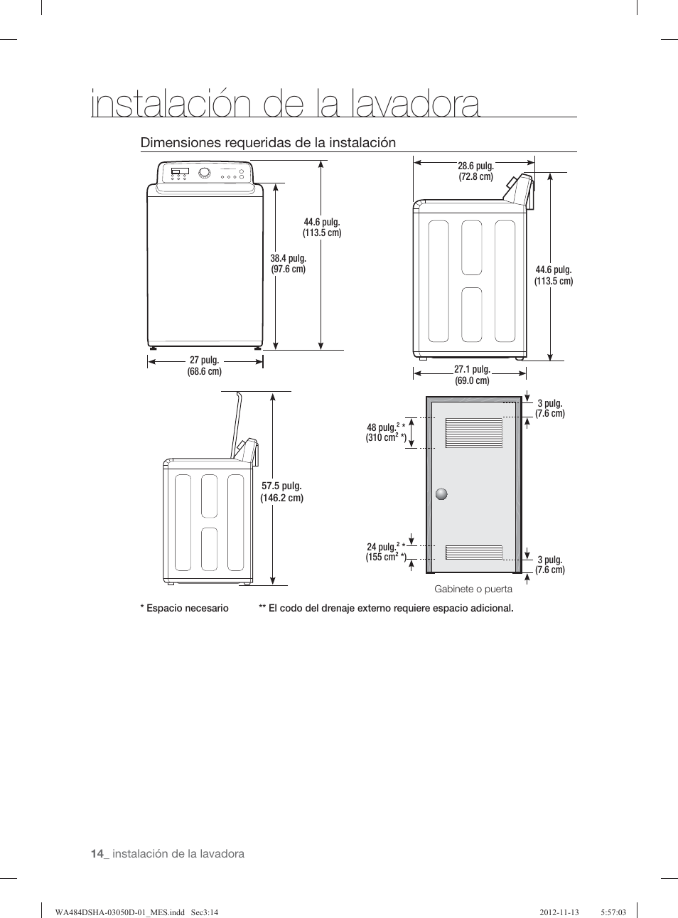 Instalación de la lavadora, Dimensiones requeridas de la instalación | Samsung WA484DSHASU-A1 User Manual | Page 58 / 132
