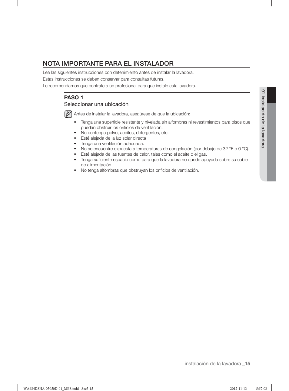 Nota importante para el instalador | Samsung WA484DSHASU-A1 User Manual | Page 59 / 132