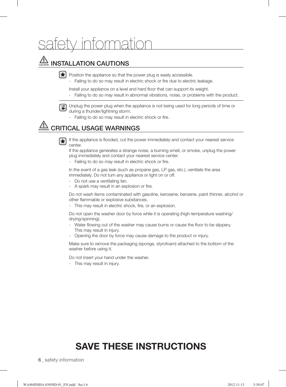Safety information, Save these instructions, Installation cautions | Critical usage warnings | Samsung WA484DSHASU-A1 User Manual | Page 6 / 132