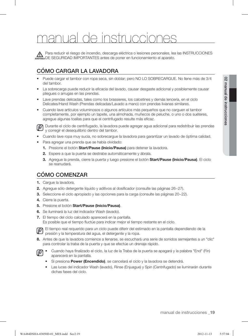 Manual de instrucciones, Cómo cargar la lavadora, Cómo comenzar | Samsung WA484DSHASU-A1 User Manual | Page 63 / 132
