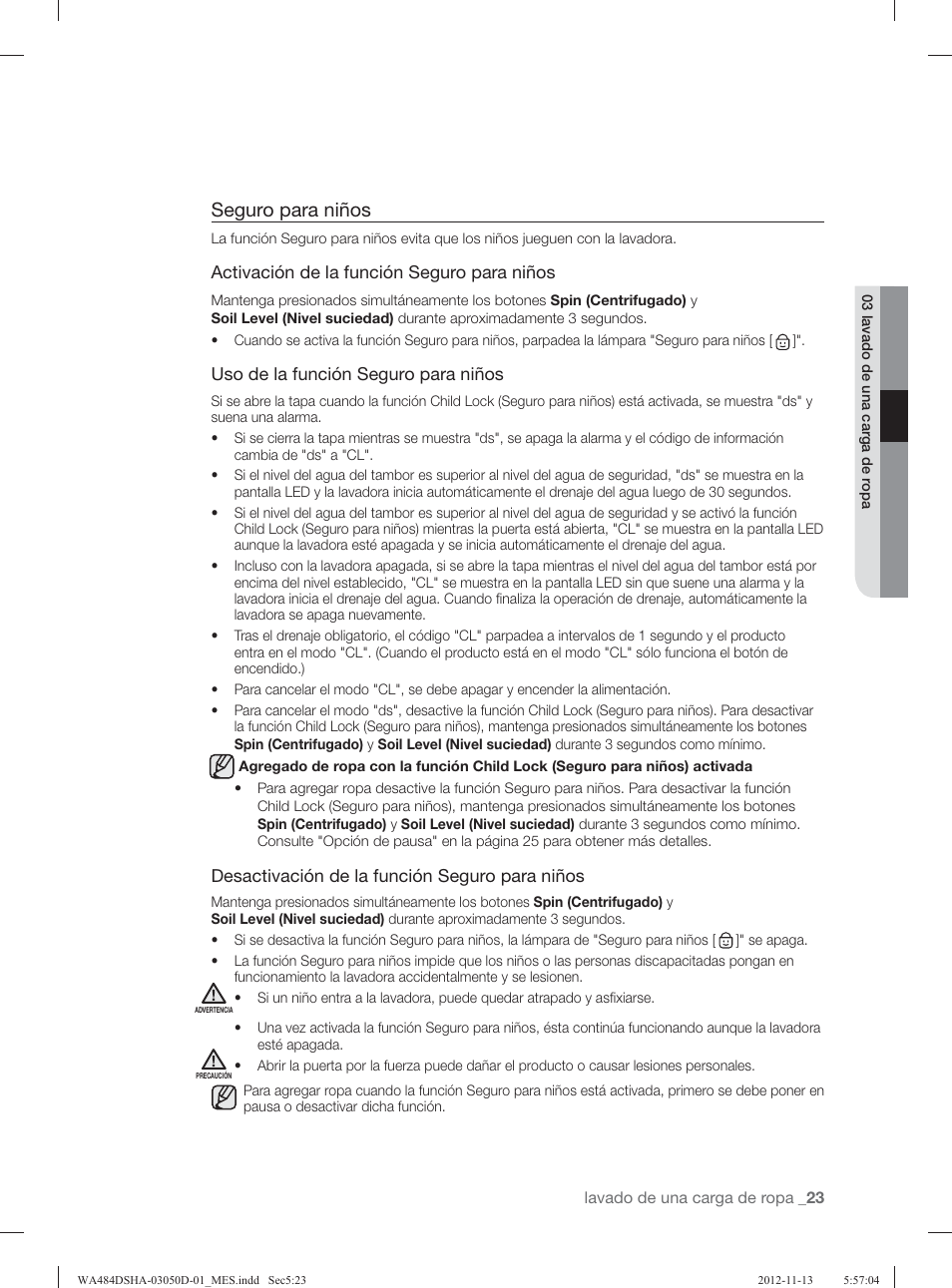 Seguro para niños | Samsung WA484DSHASU-A1 User Manual | Page 67 / 132
