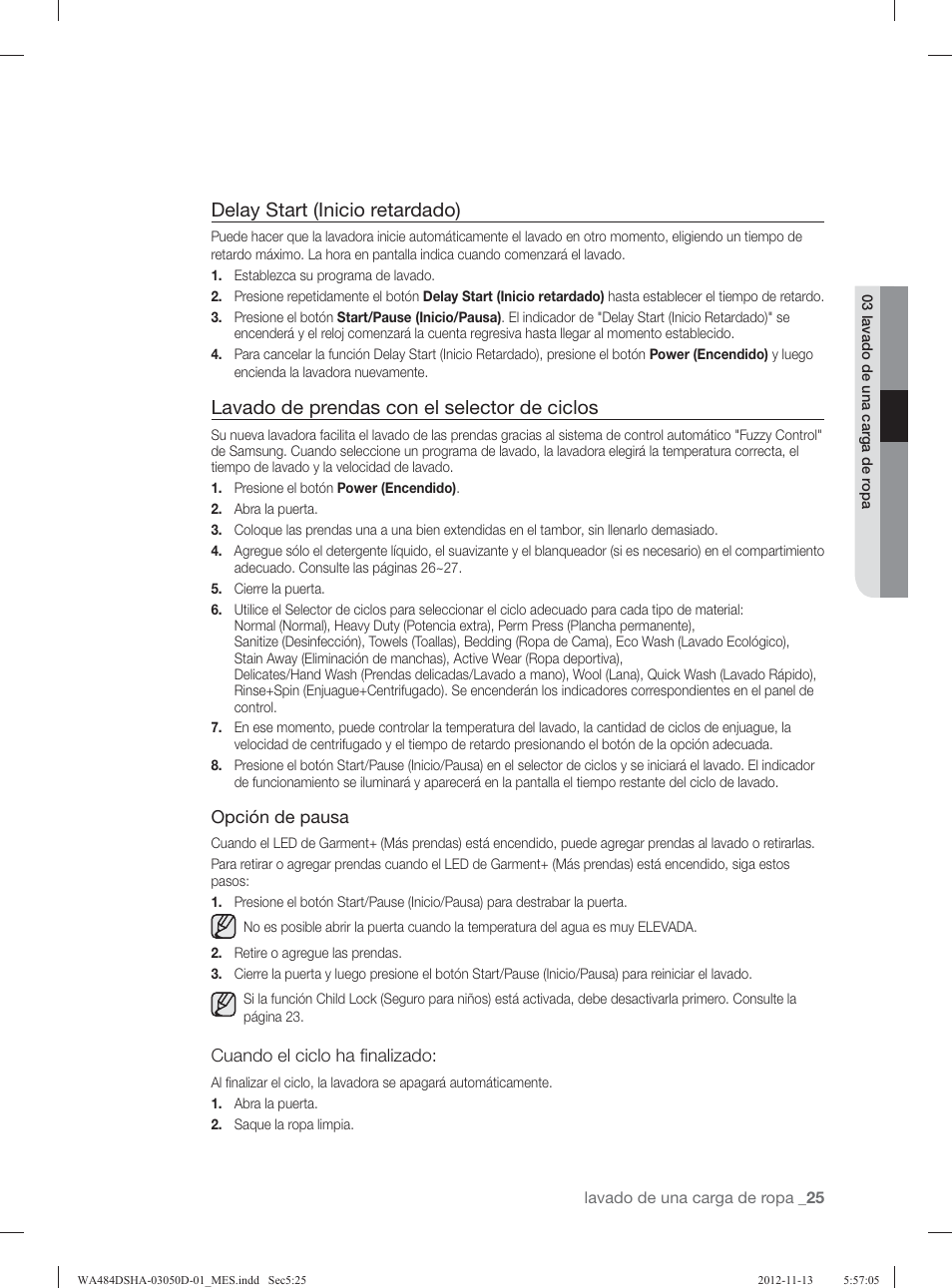 Delay start (inicio retardado), Lavado de prendas con el selector de ciclos | Samsung WA484DSHASU-A1 User Manual | Page 69 / 132
