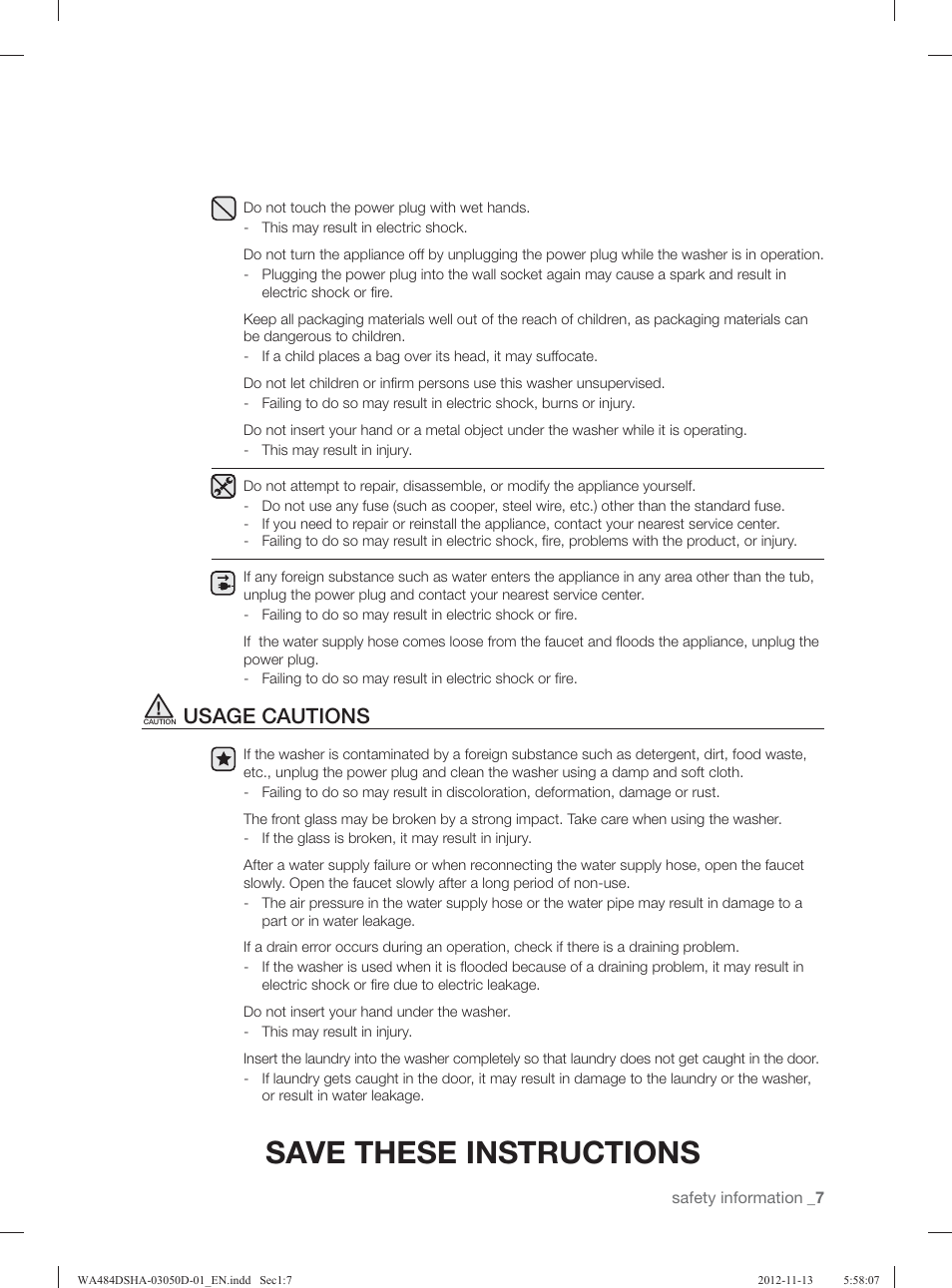 Save these instructions, Usage cautions | Samsung WA484DSHASU-A1 User Manual | Page 7 / 132