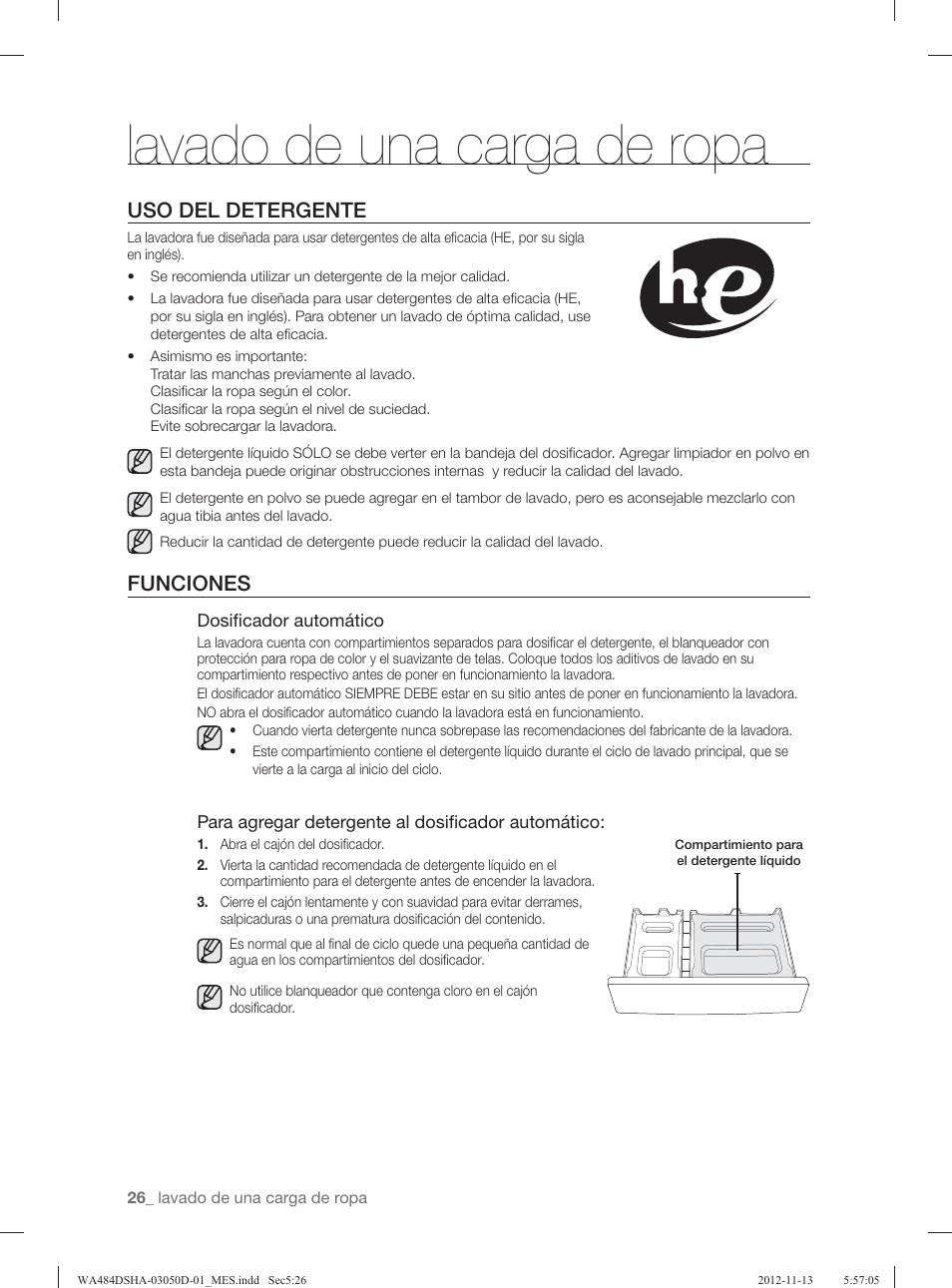 Lavado de una carga de ropa, Uso del detergente, Funciones | Samsung WA484DSHASU-A1 User Manual | Page 70 / 132