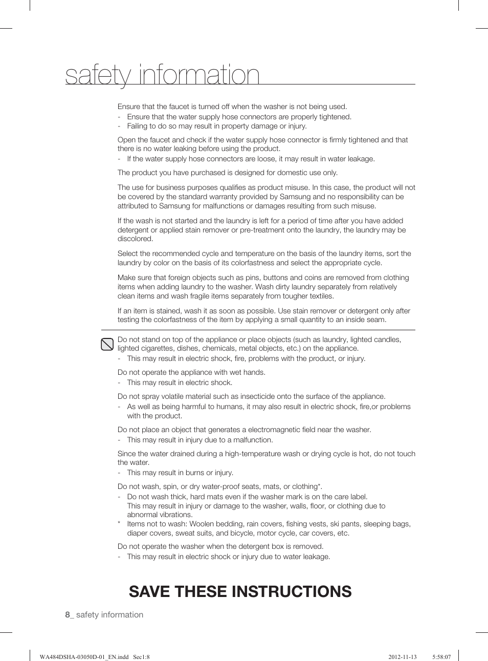 Safety information, Save these instructions | Samsung WA484DSHASU-A1 User Manual | Page 8 / 132