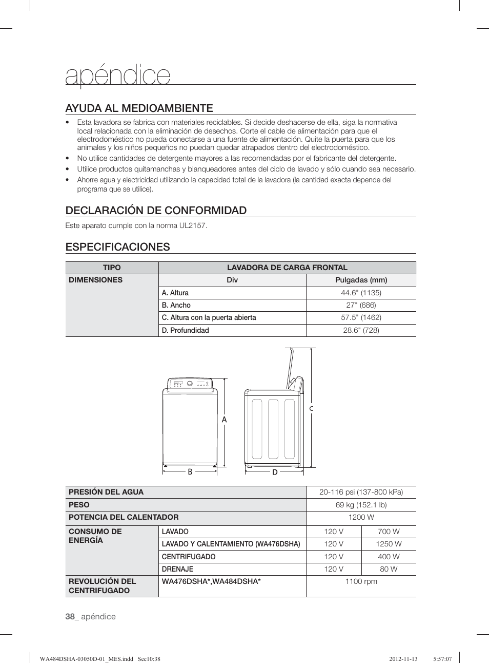 Apéndice, Ayuda al medioambiente, Declaración de conformidad | Especificaciones | Samsung WA484DSHASU-A1 User Manual | Page 82 / 132