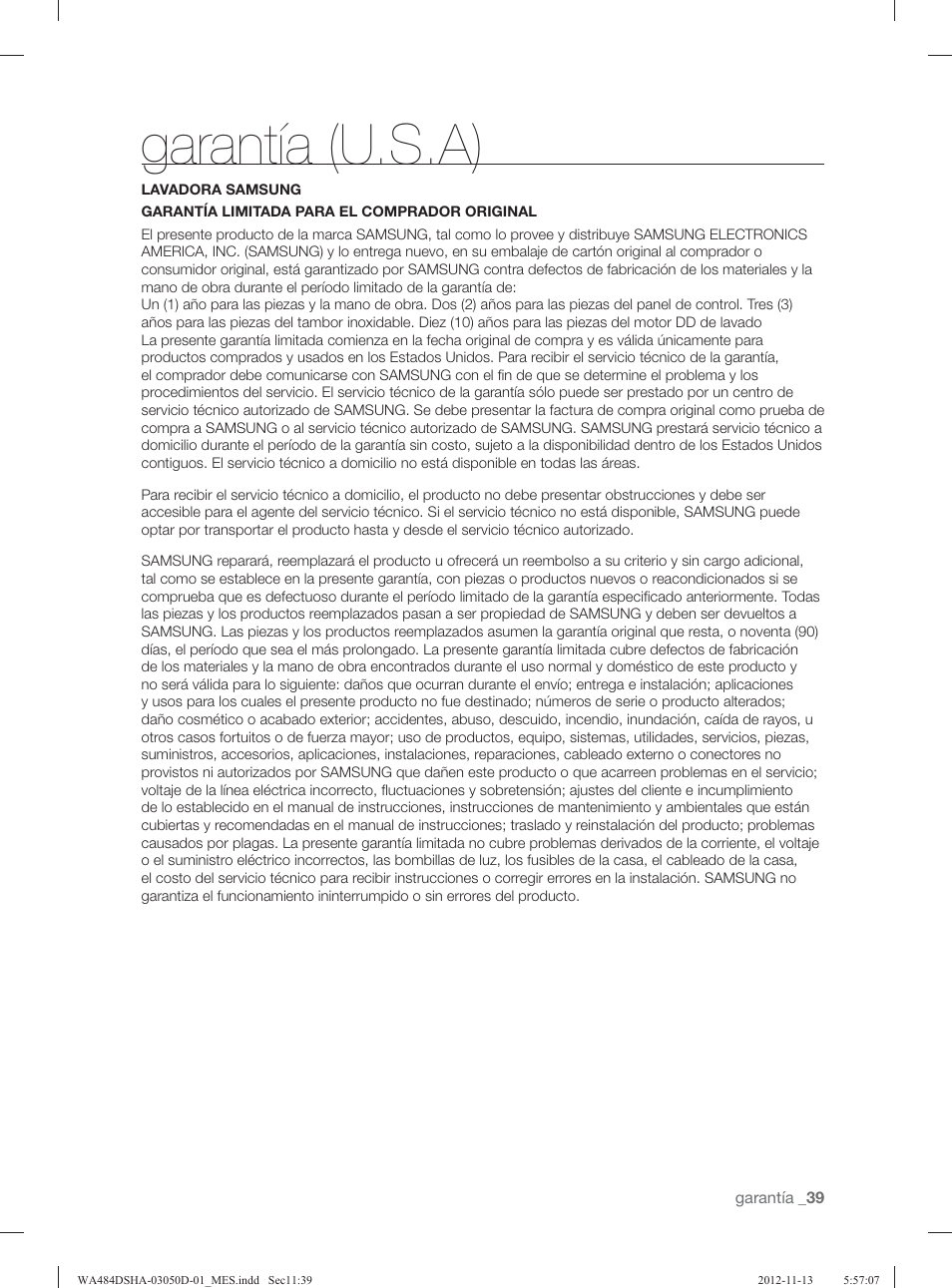 Garantía (u.s.a) | Samsung WA484DSHASU-A1 User Manual | Page 83 / 132