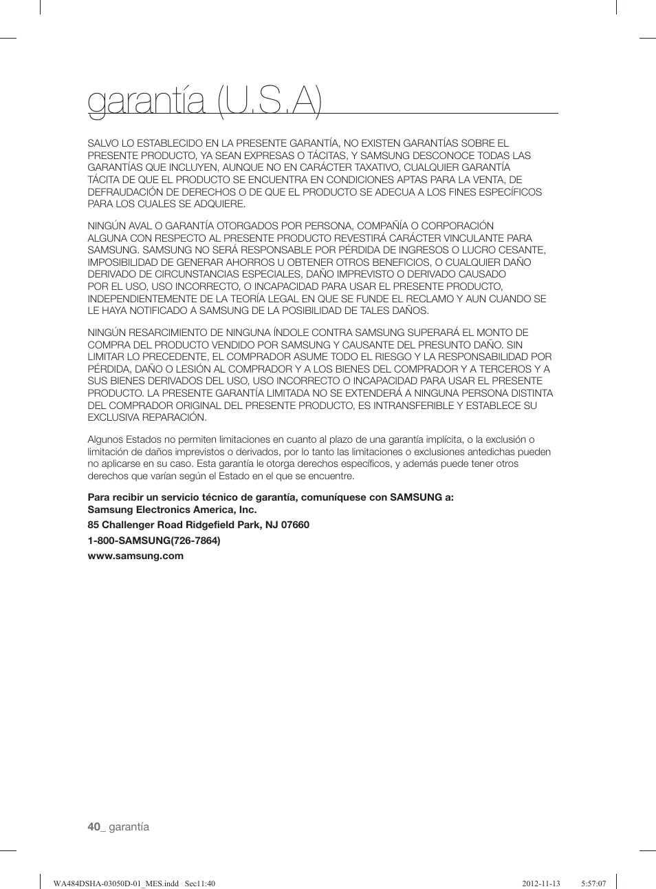 Garantía (u.s.a) | Samsung WA484DSHASU-A1 User Manual | Page 84 / 132