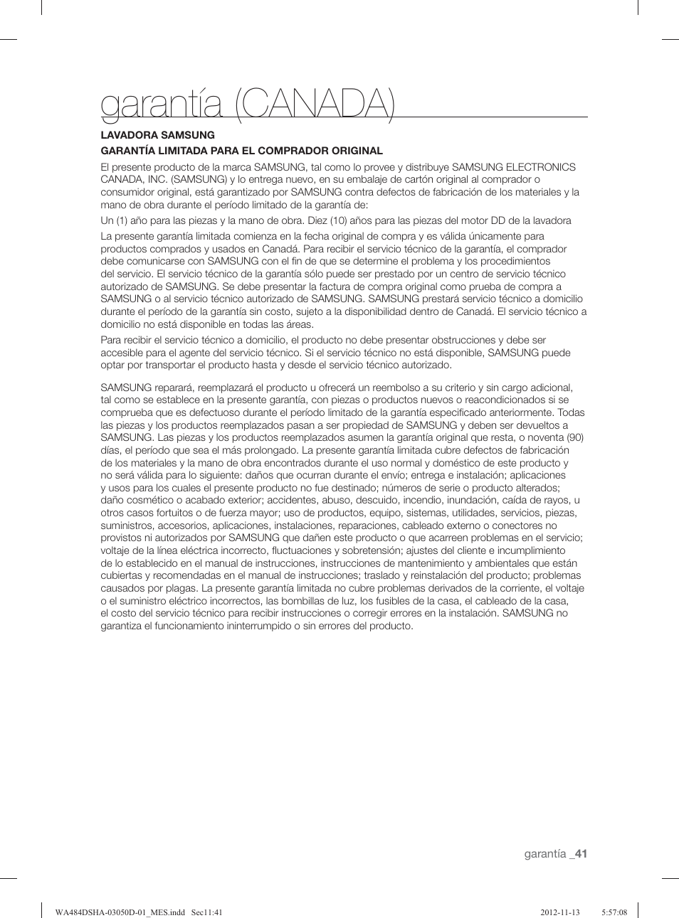 Garantía (canada) | Samsung WA484DSHASU-A1 User Manual | Page 85 / 132