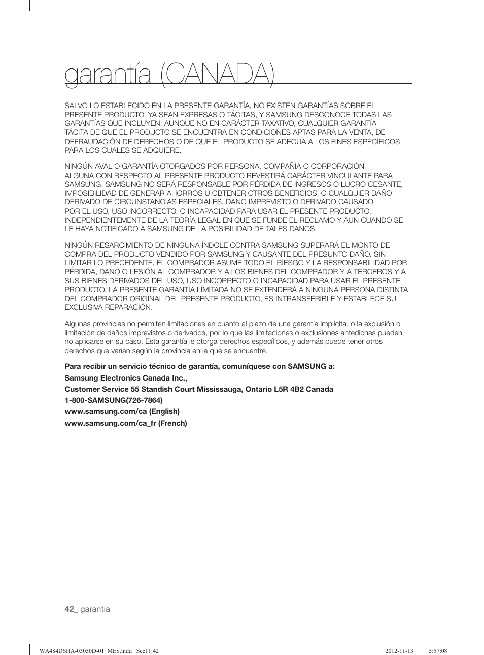 Garantía (canada) | Samsung WA484DSHASU-A1 User Manual | Page 86 / 132