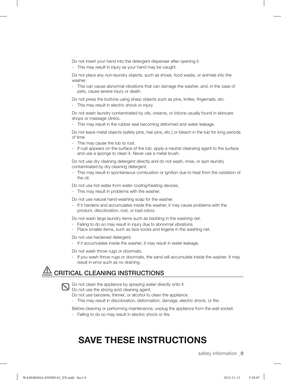 Save these instructions, Critical cleaning instructions | Samsung WA484DSHASU-A1 User Manual | Page 9 / 132