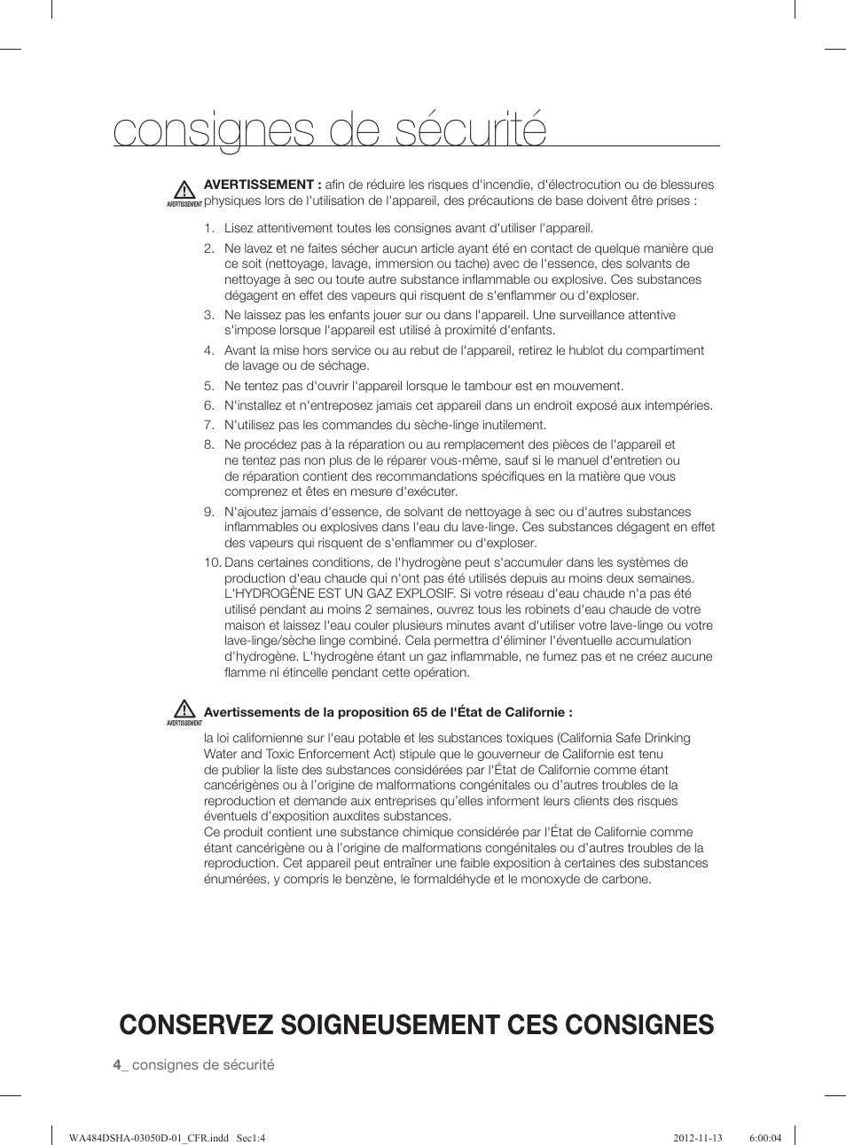Consignes de sécurité, Conservez soigneusement ces consignes | Samsung WA484DSHASU-A1 User Manual | Page 92 / 132