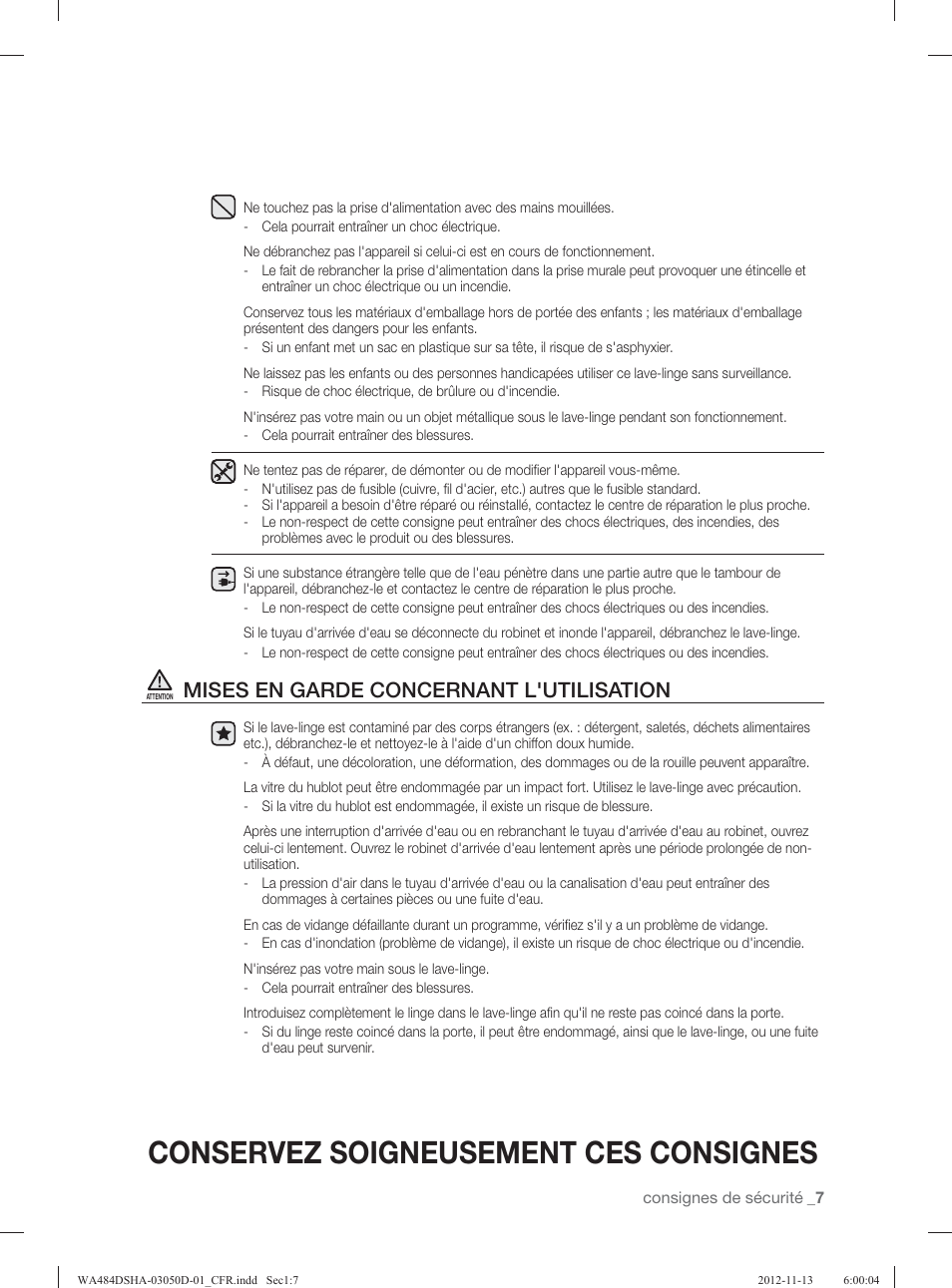 Conservez soigneusement ces consignes, Mises en garde concernant l'utilisation | Samsung WA484DSHASU-A1 User Manual | Page 95 / 132