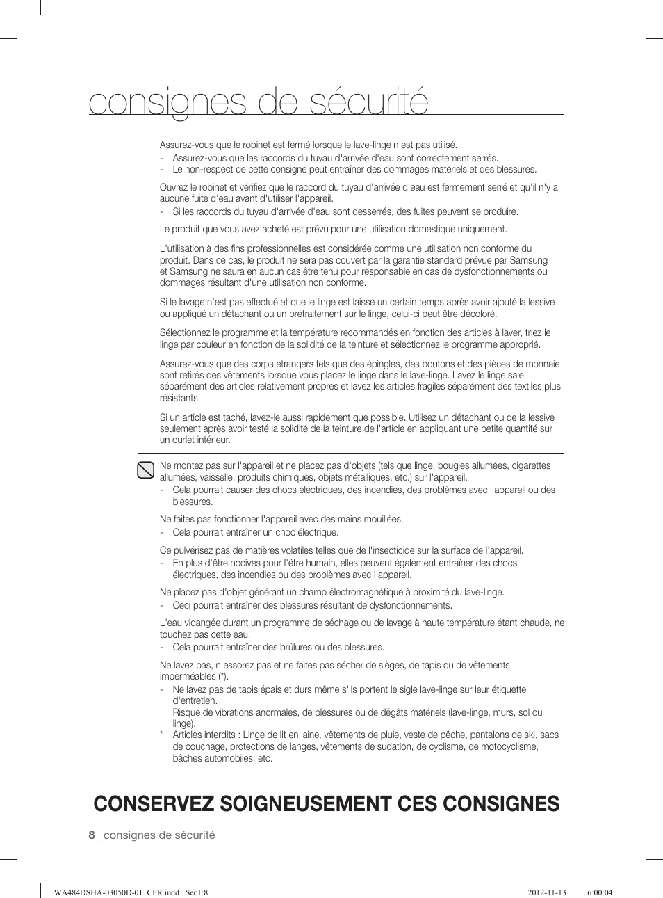Consignes de sécurité, Conservez soigneusement ces consignes | Samsung WA484DSHASU-A1 User Manual | Page 96 / 132
