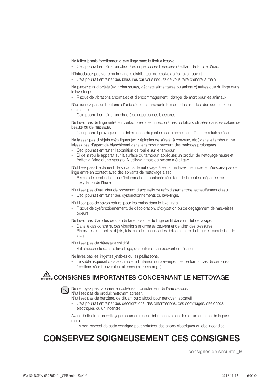 Conservez soigneusement ces consignes, Consignes importantes concernant le nettoyage | Samsung WA484DSHASU-A1 User Manual | Page 97 / 132