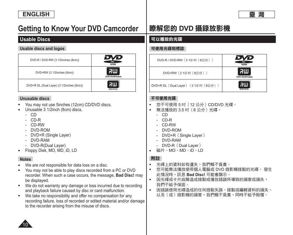 Getting to know your dvd camcorder, 瞭解您的 dvd 攝錄放影機, English | Usable discs | Samsung SC-DC165-XAA User Manual | Page 10 / 128