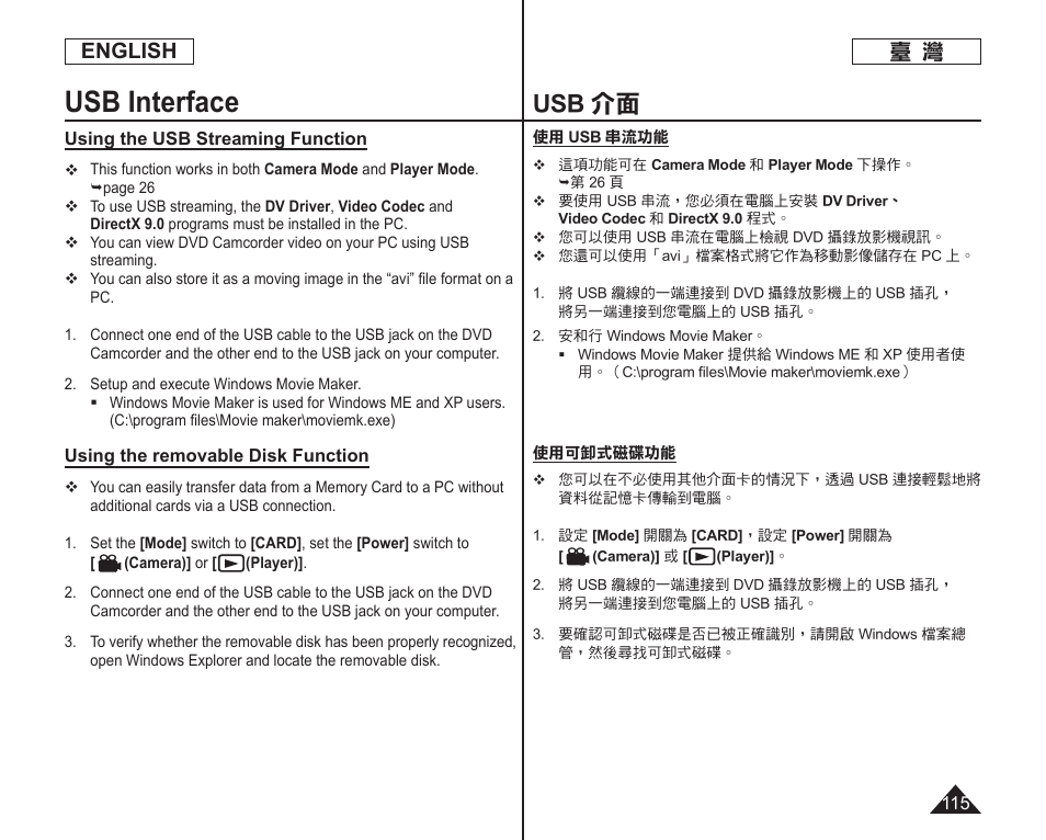 Usb interface, Usb 介面, English | Samsung SC-DC165-XAA User Manual | Page 115 / 128