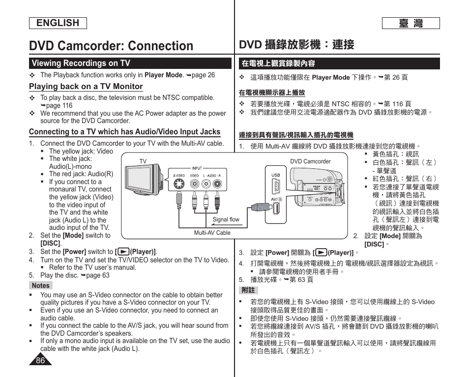 Dvd camcorder: connection, Dvd 攝錄放影機：連接, English | Samsung SC-DC165-XAA User Manual | Page 86 / 128