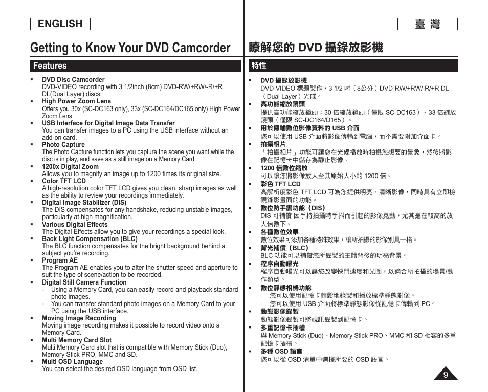 Getting to know your dvd camcorder, 瞭解您的 dvd 攝錄放影機, English | Features | Samsung SC-DC165-XAA User Manual | Page 9 / 128