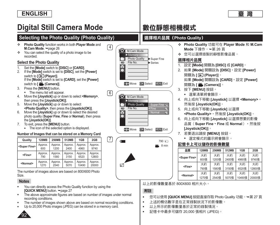 Digital still camera mode, 數位靜態相機模式, English | Selecting the photo quality (photo quality) | Samsung SC-DC165-XAA User Manual | Page 92 / 128