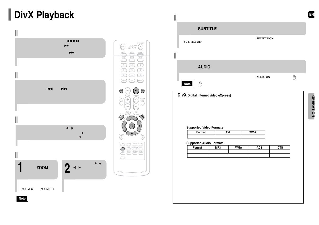 Divx playback, Fast playback, Skip forward/back | Zoom function, 5 minute skip function, Subtitle display, Audio display | Samsung HT-WP38TH-XAA User Manual | Page 16 / 38