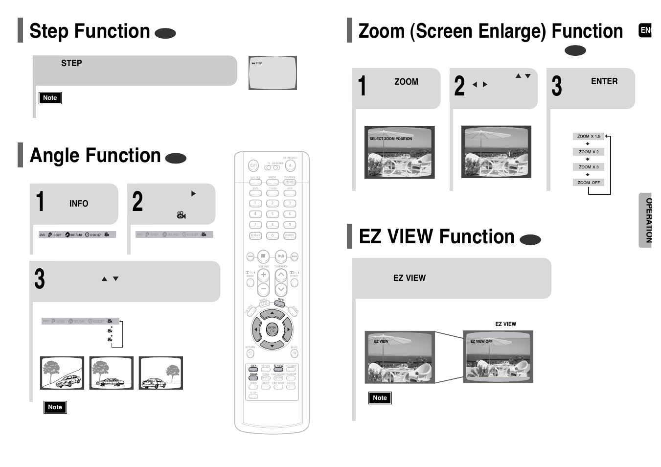 Step function, Angle function, Zoom (screen enlarge) function | Ez view function, Zoom (screen enlarge) function ez view function | Samsung HT-WP38TH-XAA User Manual | Page 20 / 38